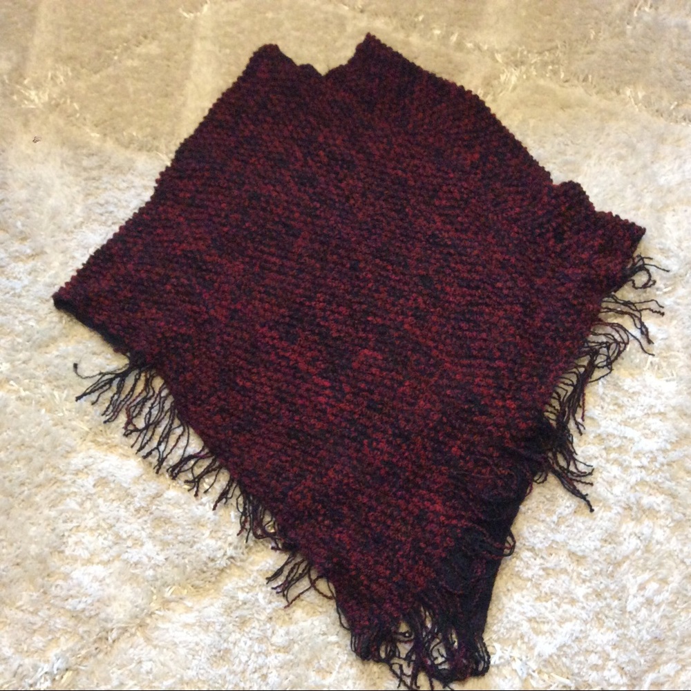 Highness Red Black Fringed Poncho Sweater OSFA